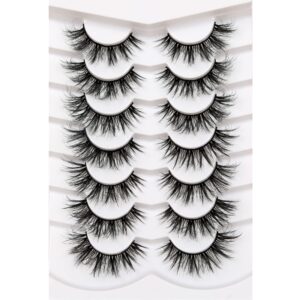 Pooplunch False Eyelashes Wispy Mink Lashes Cat Eye Look 8D Volume Fluffy Natural Fake Eyelash Faux Mink Lashes 7 Pairs Pack