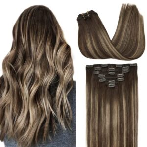 GOO GOO Clip in Hair Extensions Real Human Hair, Remy Human Hair Extensions Clip ins for Women, Natural Human Hair, 26inch 135g 7Pcs, 4/26/4 Balayage Chocolate Brown to Honey Blonde