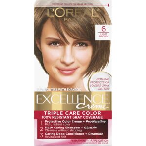 L’Oreal Paris Excellence Creme Permanent Triple Care Hair Color, 6 Light Brown Hair Dye Kit, Gray Coverage For Up to 8 Weeks, All Hair Types, Pack of 1