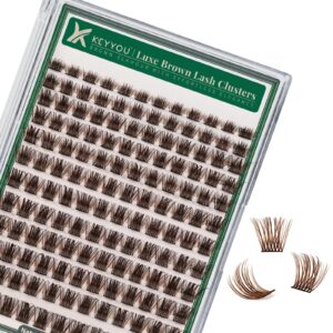 KEYYOU Brown Lash Clusters 144pcs Eyelash Clusters 8-18MIX D Curl Cluster Lashes Soft Fluffy Wispy Lash Clusters Natural Look Brown DIY Lash Extension At Home(Brown01-D-8-18MIX)