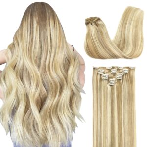 GOO GOO Clip in Hair Extensions Real Human Hair, Remy Human Hair Extensions Clip ins for Women, Natural Human Hair, 14inch 120g 7Pcs, 18A/613A Dark Blonde Highlighted Bleach Blonde
