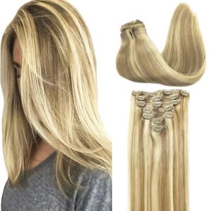 GOO GOO Clip in Hair Extensions Real Human Hair, Remy Human Hair Extensions Clip ins for Women, Natural Human Hair, 14inch 120g 7Pcs, 16/22 Light Blonde Highlighted Golden Blonde