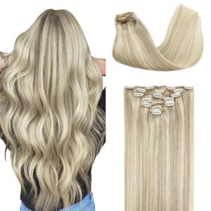 GOO GOO Clip in Hair Extensions Real Human Hair, Remy Human Hair Extensions Clip ins for Women, Natural Human Hair, 22inch 120g 7Pcs, 17A/60A Ash Blonde Highlighted Platinum Blonde