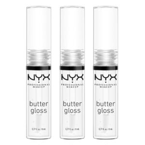 NYX PROFESSIONAL MAKEUP Butter Gloss, Non-Sticky Lip Gloss – Sugar Glass (Clear), Pack Of 3