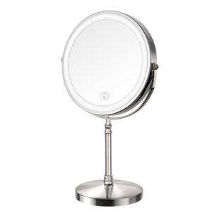 Lighted Makeup Mirror, 3000 mAh Rechargeable Double Sided Magnifying Vanity Mirror with 3 Colors, 1x/10x, 360° Rotation , Brightness Adjustable Magnification Cosmetic Light up Mirror, Women Gift