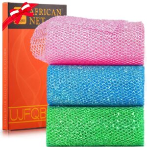 3 Piece Bright Style African exfoliating net Exfoliating Shower Set Long Bath Sponges for Smooth, Refreshed Skin, The Exterior Gleams – Ideal for Daily Use (Bright Pink, Blue, Green)