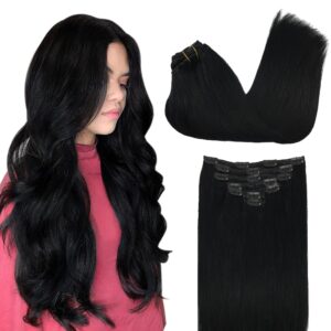 GOO GOO Clip in Hair Extensions Real Human Hair, Remy Human Hair Extensions Clip ins for Women, Natural Human Hair, 12inch 85g 7Pcs, 1 Jet black