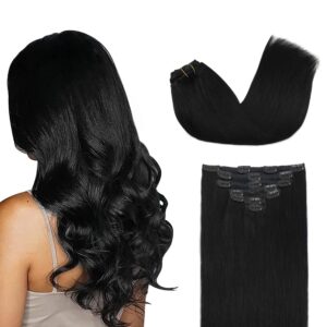 GOO GOO Clip in Hair Extensions Real Human Hair, Remy Human Hair Extensions Clip ins for Women, Natural Human Hair, 22inch 120g 7Pcs, 1 Jet black