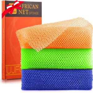3 Pieces African Bath Sponge African Net Long Net Bath Sponge Exfoliating Shower Body Scrubber Back Scrubber Skin Smoother,Great for Daily Use (Orange、Blue、Green)