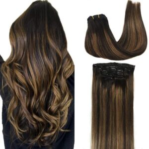 GOO GOO Clip in Hair Extensions Real Human Hair, Remy Human Hair Extensions Clip ins for Women, Natural Human Hair, 26inch 135g 7Pcs, 1B/6/1B Balayage Natural Black to Chestnut Brown