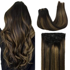 GOO GOO Clip in Hair Extensions Real Human Hair, Remy Human Hair Extensions Clip ins for Women, Natural Human Hair, 14inch 120g 7Pcs, 1B/6/1B Balayage Natural Black to Chestnut Brown