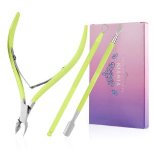 YINYIN Professional Cuticle Trimmer with Pusher and Cutter – Stainless Steel Cuticle Clippers for Fingernails and Toenails (Green)
