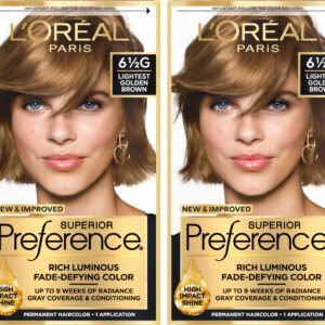 L’Oreal Paris Superior Preference Luminous Fade-Defying Permanent Hair Color, Hair Dye For Up to 9 Weeks of Radiance, Lightest Golden Brown 6.5G, 1 Hair Dye Kit (Pack of 2)