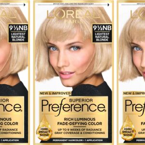 L’Oreal Paris Superior Preference Luminous Fade-Defying Permanent Hair Color, Hair Dye For Up to 9 Weeks of Radiance, Lightest Natural Blonde 9.5NB, 1 Hair Dye Kit (Pack of 3)