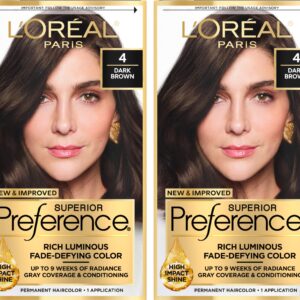 L’Oreal Paris Superior Preference Luminous Fade-Defying Permanent Hair Color, Hair Dye For Up to 9 Weeks of Radiance, Dark Brown 4, 1 Hair Dye Kit (Pack of 2)