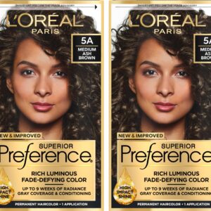 L’Oreal Paris Superior Preference Luminous Fade-Defying Permanent Hair Color, Hair Dye For Up to 9 Weeks of Radiance, Medium Ash Brown 5A, 1 Hair Dye Kit (Pack of 2)