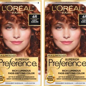L’Oreal Paris Superior Preference Luminous Fade-Defying Permanent Hair Color, Hair Dye For Up to 9 Weeks of Radiance, Light Auburn 6R, 1 Hair Dye Kit (Pack of 2)