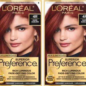 L’Oreal Paris Superior Preference Luminous Fade-Defying Permanent Hair Color, Hair Dye For Up to 9 Weeks of Radiance, Dark Auburn 4R, 1 Hair Dye Kit (Pack of 2)