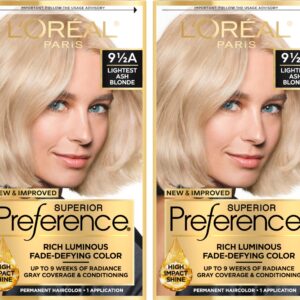 L’Oreal Paris Superior Preference Luminous Fade-Defying Permanent Hair Color, Hair Dye For Up to 9 Weeks of Radiance, Lightest Ash Blonde 9.5A, 1 Hair Dye Kit (Pack of 2)