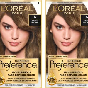 L’Oreal Paris Superior Preference Luminous Fade-Defying Permanent Hair Color, Hair Dye For Up to 9 Weeks of Radiance, Light Brown 6, 1 Hair Dye Kit (Pack of 2)