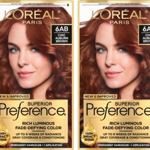 L’Oreal Paris Superior Preference Luminous Fade-Defying Permanent Hair Color, Hair Dye For Up to 9 Weeks of Radiance, Chic Auburn Brown 6AB, 1 Hair Dye Kit (Pack of 2)