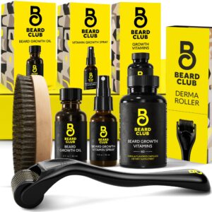 The Beard Club Signature Beard Growth Kit – Derma Roller, Beard Growth Oil, Beard Growth Vitamins, Vitamin Spray & Beard Brush – Gift Set