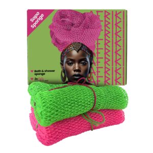AFRIKI African Net Sponge, African Exfoliating Sponge, Black Owned, Exfoliating Washcloth, Body Exfoliator for Bath and Shower, Back Scrubber, Dead Skin Remover (Pink, Green, 1 Count (Pack of 2))