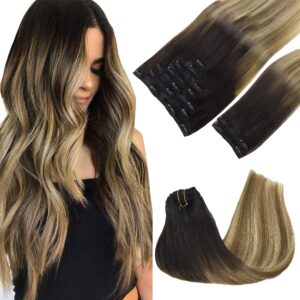 GOO GOO Clip in Hair Extensions Real Human Hair, Remy Human Hair Extensions Clip ins for Women, Natural Human Hair, 14inch 150g 9Pcs, 2/6/18 Balayage Brown to Dirty Blonde