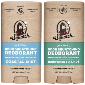 Dr. Squatch Natural Deodorant for Men – Odor-Squatching Aluminum Free – Coastal Mist & Rainforest Rapids (2.65 oz, 2-Pack)