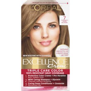 L’Oreal Paris Excellence Creme Permanent Triple Care Hair Color, 7 Dark Blonde, Gray Coverage For Up to 8 Weeks, All Hair Types, Pack of 1
