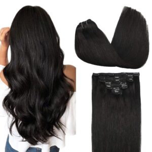 GOO GOO Clip in Hair Extensions Real Human Hair, Remy Human Hair Extensions Clip ins for Women, Natural Human Hair, 12inch 85g 7Pcs, 1B Natural black