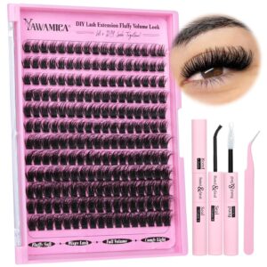 Fluffier Lashes Clusters Kit Wispy Individual Lashes 100D Volume Cluster Eyelash Extensions Kit 10-16mm D Curly Lash Extension Kit with Bond and Seal and Lash Tweezers DIY Eyelash Kit by Yawamica