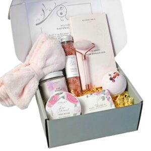 Natural Amor Relaxing Spa Gift Set for Women,Luxurious Bath Gift for her,7pc Bath & Body Gift Including Soap, Body Butter, Soy Candle, Bath Bomb