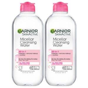 Garnier Micellar Water, Hydrating Facial Cleanser & Makeup Remover, Suitable for Sensitive Skin, Vegan, Cruelty Free, 13.5 Fl Oz (400mL), 2 Count