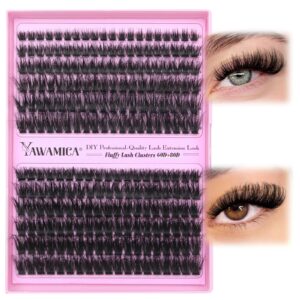 Yawamica Lash Clusters 60D 80D Thick Volume Cluster Eyelash Extensions Fluffier Eyelash Clusters 10-20mm Wispy Lash Extension D Curly Individual Lashes 280pcs DIY Lash at Home