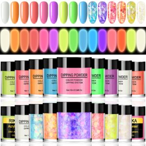 Luminous Acrylic Nail Powder Set 12 Colors Professional Polymer Acrylic Powder with 6 Colors Luminous Nail Art Glitter Sequins for Acrylic Nails Extension DIY Nail Decoration