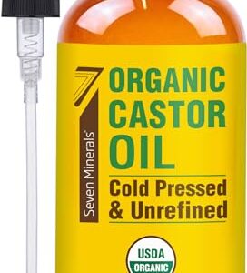 Seven Minerals New 16 fl oz Glass Bottle Castor Oil Organic Cold Pressed Unrefined Glass Bottle Pack – 100% Pure USDA Certified Organic Hexane Free