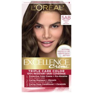L’Oreal Paris Excellence Creme Permanent Triple Care Hair Color, 5AB Mocha Ashe Brown, Gray Coverage For Up to 8 Weeks, All Hair Types, Pack of 1
