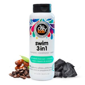 SoCozy Kids Swim 3-in-1 Shampoo, Conditioner & Body Wash – 3-in-1 Combo Pool Shampoo & Conditioner for Swimmers – Salt & Chlorine Removing Activated Charcoal