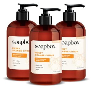 Soapbox Liquid Hand Soap, Sweet Orange Citrus – Gentle, Moisturizing Hand Cleanser, Aromatic & Soothing, Vegan & Cruelty Free Hand Wash for Kitchen and Bathroom, 12oz Pump Bottles (Pack of 3)