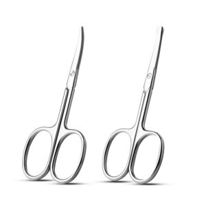 Facial Hair Small Grooming Scissors For Men Women – Eyebrow, Nose Hair, Mustache, Beard, Eyelashes, Ear Trimming Kit – Curved and Rounded Safety Tip Clippers For Hair Cutting 2PCS With Cover Sliver