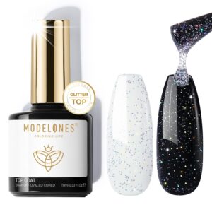 Modelones Glitter Gel Top Coat, Iridescent Silver Mix Glitter Gel Polish No Wipe Top Coat Glossy Sparkly Finish Long Lasting Soak Off Rainbow Shimmer Glitter Gel Nail Polish Nail Art Manicure, 10ml