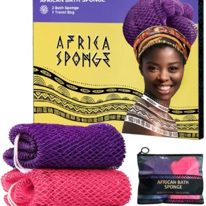 African Net Sponge Authentic – 2 Pieces Exfoliating Body Scrubber Bath Sponge – Back Scrubber Washcloth for Shower with Travel Bag – Real African Scrub Exfoliator Body Care Bathing Accessories