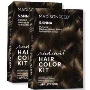 Madison Reed Radiant Hair Color Kit, Medium Neutral Brown for 100% Gray Coverage of Resistant Gray Hair, Ammonia-Free, 5.5NNA Dosolo Brown, Permanent Hair Dye, Pack of 2