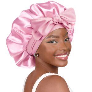 YANIBEST Silk Bonnet for Sleeping Women Satin Bonnet Double Layer Satin Lined Hair Bonnet with Tie Band Curly Hair Pink