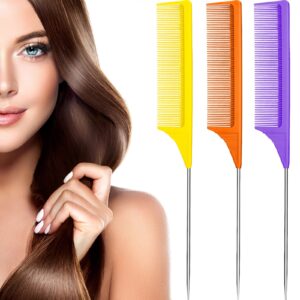 3 Packs Rat Tail Comb Steel Pin Rat Tail Carbon Fiber Heat Resistant Teasing Combs with Stainless Steel Pintail (Purple, Orange, Yellow)
