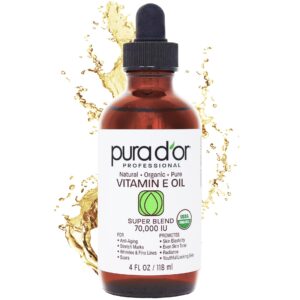 PURA D’OR 4 Oz ORGANIC Vitamin E Oil Blend 70,000 IU – 100% Natural Hexane Free, Sweet Almond, Apricot, Jojoba, Argan, Rosehip, Sunflower & Avocado Bath Oil For Scars, Skin, Face & Full Body