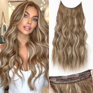 KooKaStyle Invisible Wire Hair Extensions with Transparent Headband Adjustable Size 4 Secure Clips Long Wavy Secret Wire Hairpiece 20 Inch for Women(Ash Brown with Beach Blonde)