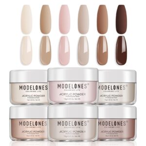 Modelones Nude Acrylic Powder 6 Colors Acrylic Nail Powder Kit Chocolate Brown Latte Soft Tones Cover Powder for Nail Art Extension No Nail Lamp Needed (C2-Going Nude)