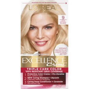 L’Oreal Paris Excellence Creme Permanent Triple Care Hair Color, 9 Light Natural Blonde, Gray Coverage For Up to 8 Weeks, All Hair Types, Pack of 1